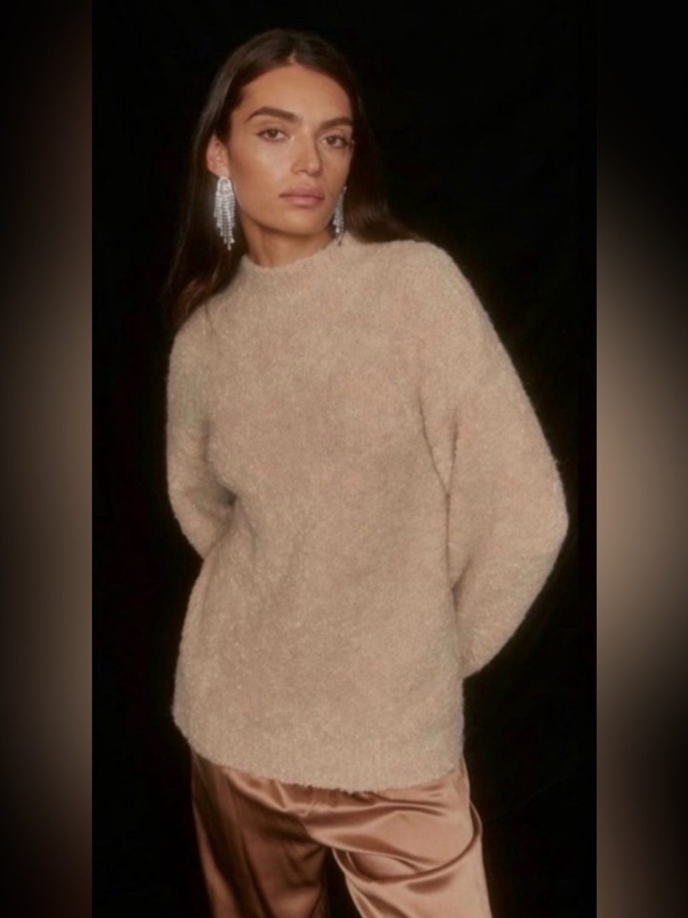 Reformation Baby Alpaca Ambrose Boucle Knit Mock Neck Sweater in Ginger Beige S